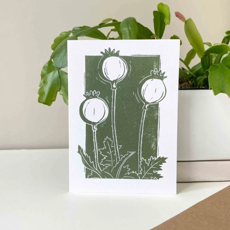 Poppy seedheads greeting card – botanical card by Grace Wong
