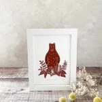 Botanical bear linocut print – wildlife wall art by Grace Wong