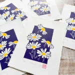 Daisies linocut print – april birth flower wall art by Grace Wong