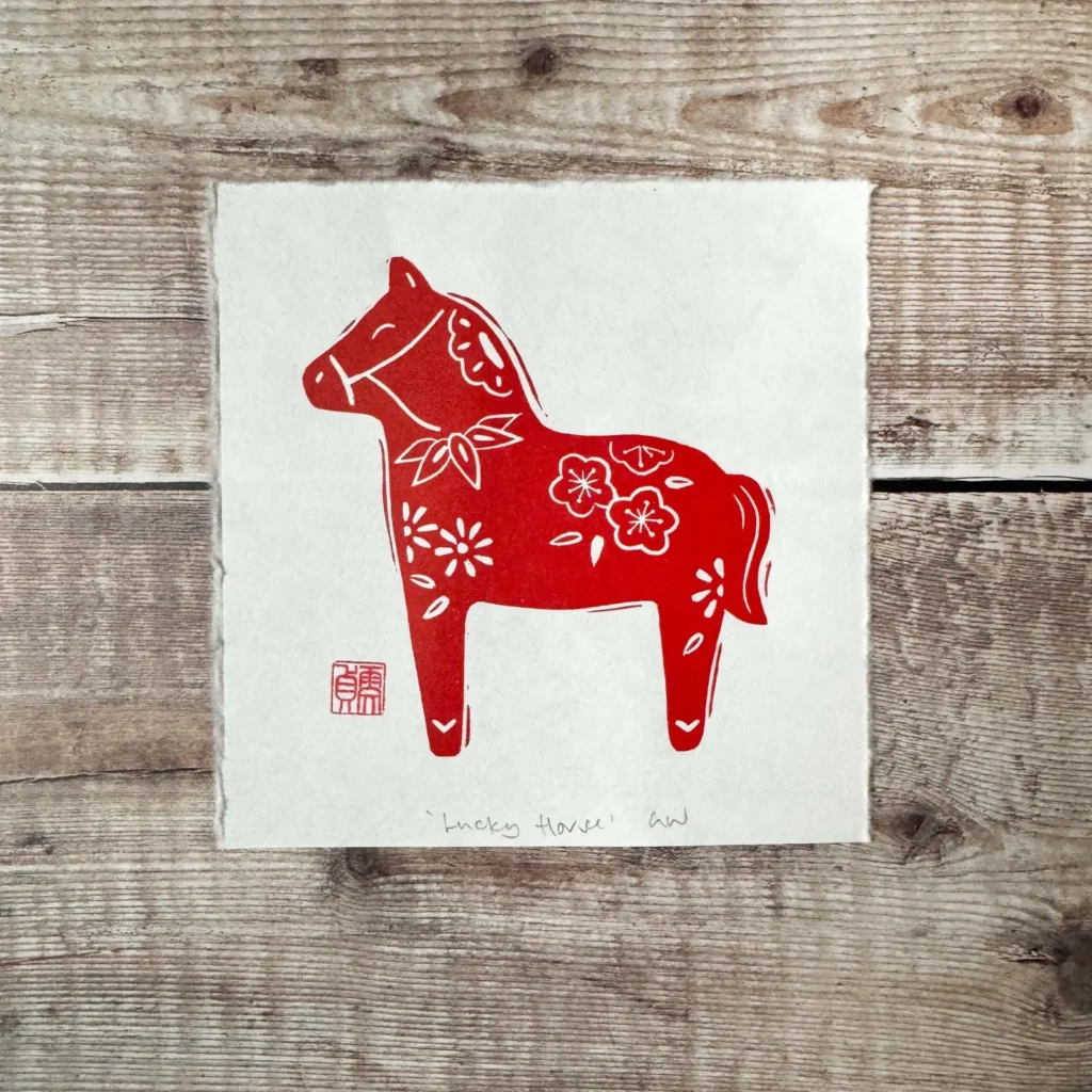 Lucky horse linocut print – year of the horse 2026 wall art by Grace Wong