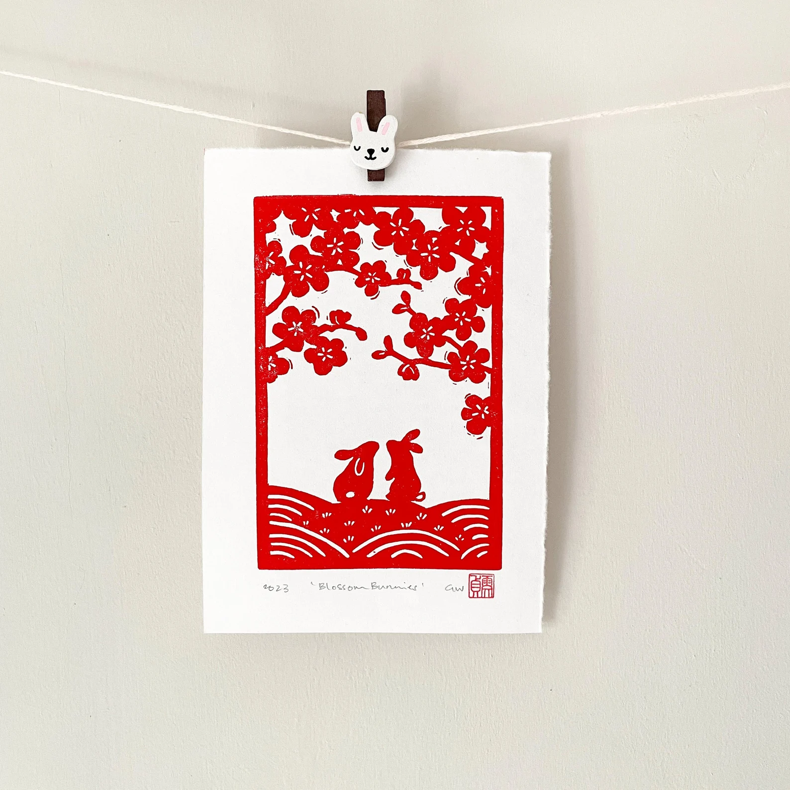 Rabbits Linocut Print – Blossom Tree Animal Art