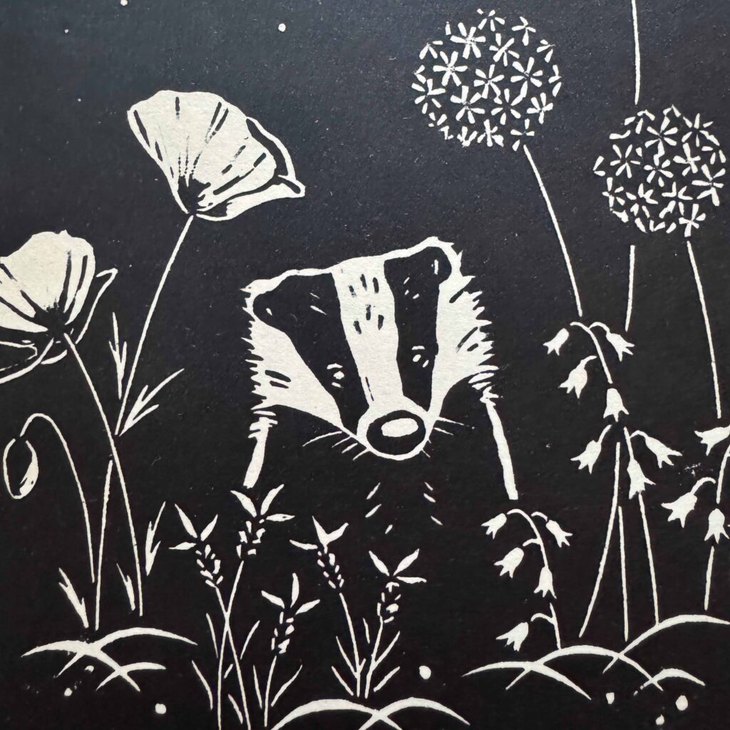 Lino Cut Block with a badger and floiage