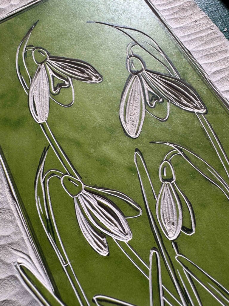Lino Block carved with snowdrops